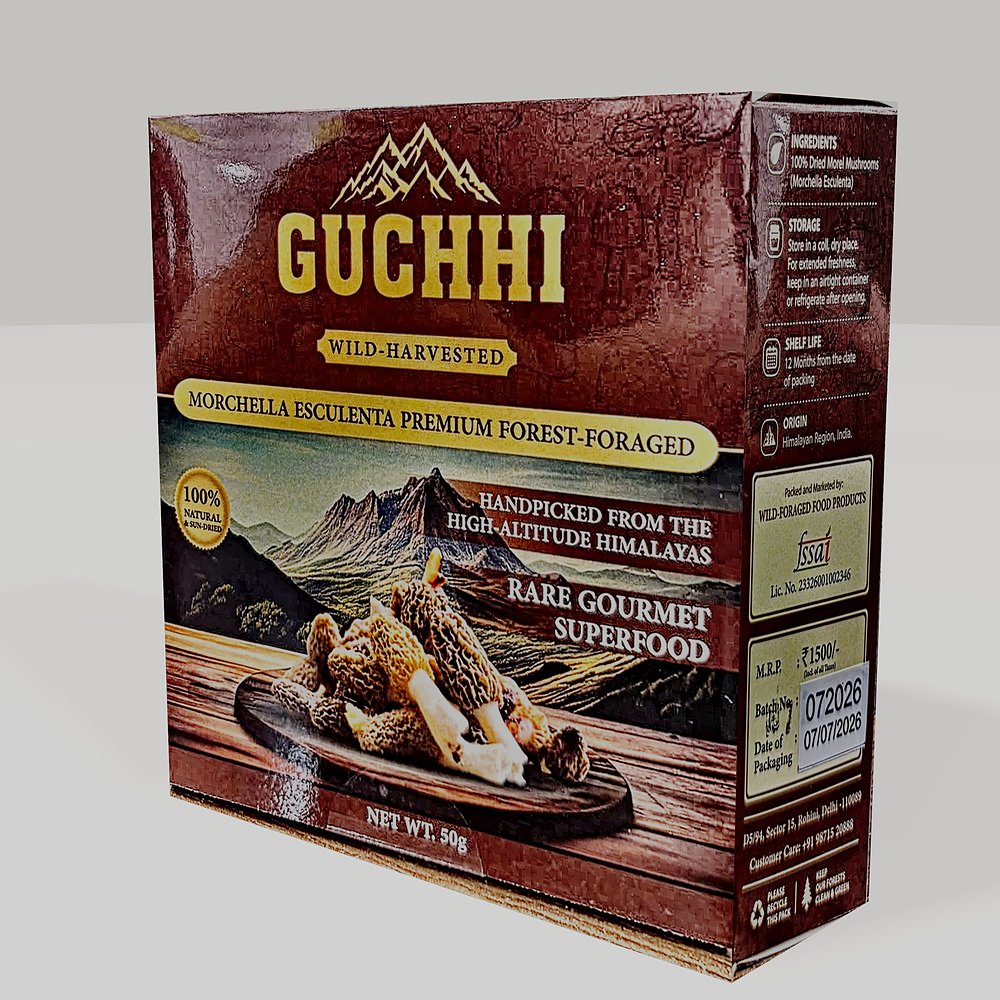 The Guchhi 50g pack — a maroon and gold box of wild-harvested morel mushrooms.